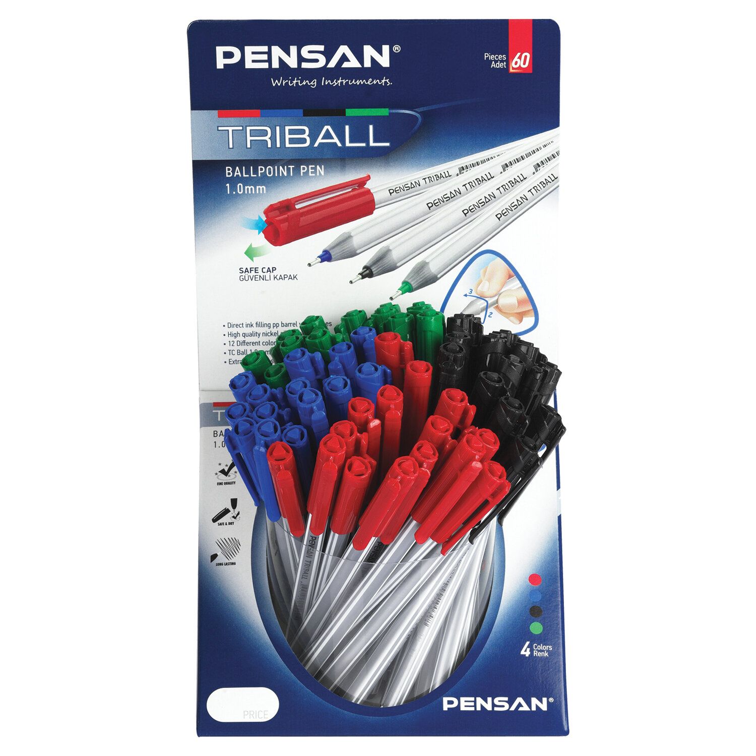 Ручка шариковая масляная PENSAN "Triball Colored", классические цвета АССОРТИ, ДИСПЛЕЙ, 1003/S60-4