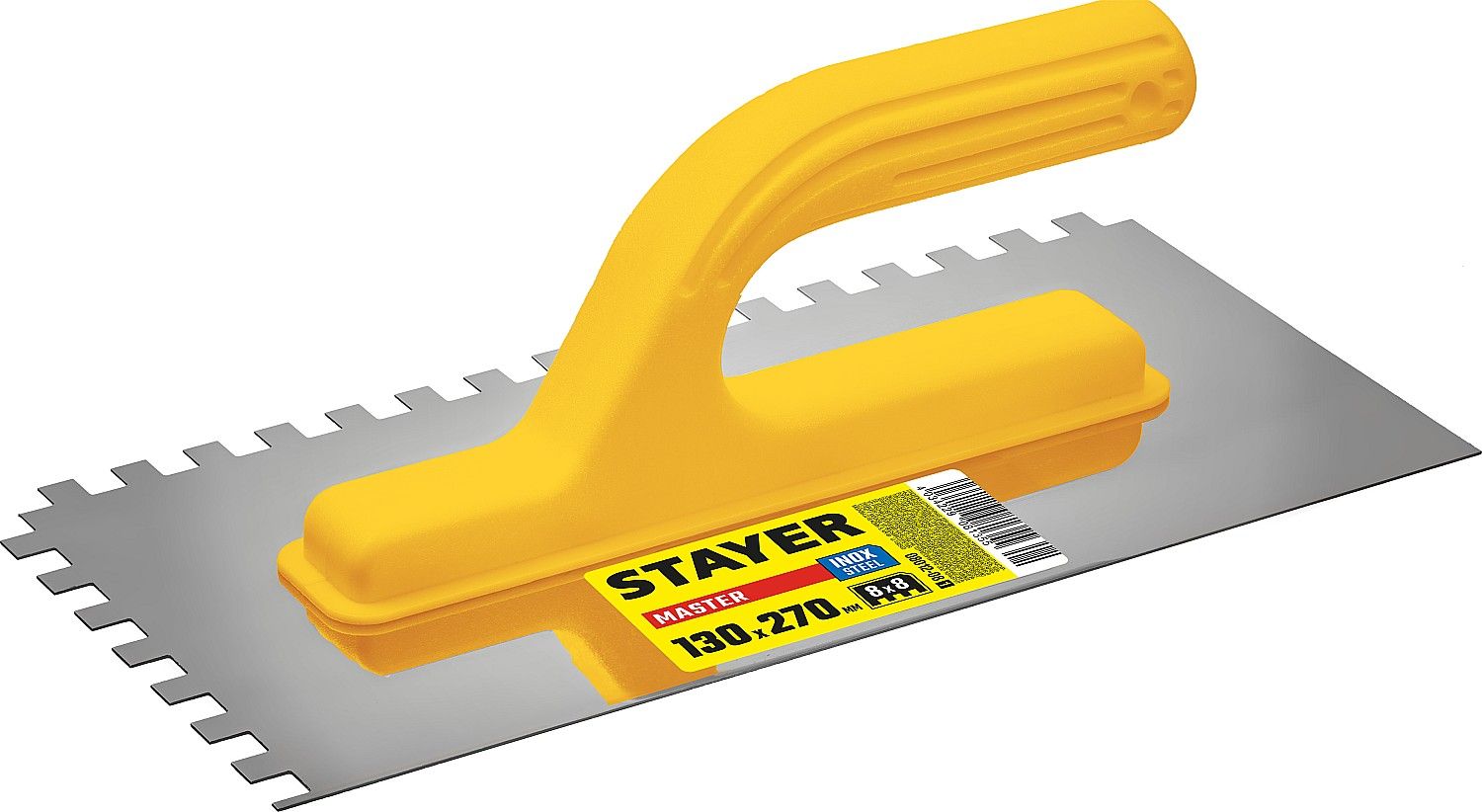 Гладилка штукатурная зубчатая нержавеющая с пластиковой ручкой 130х27 0мм, 8х8 мм, STAYER Master