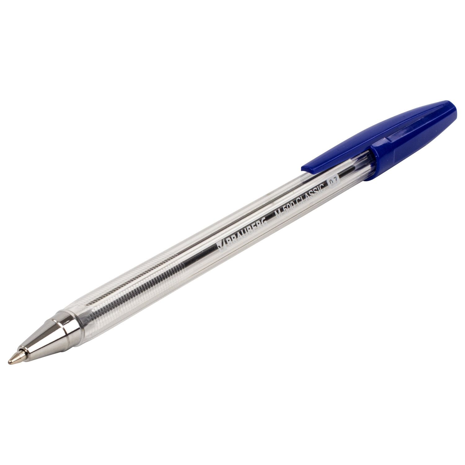 Ручка шариковая BRAUBERG "M-500 CLASSIC", СИНЯЯ, корпус прозрачный, узел 0,7 мм, линия письма 0,35 мм, 143444