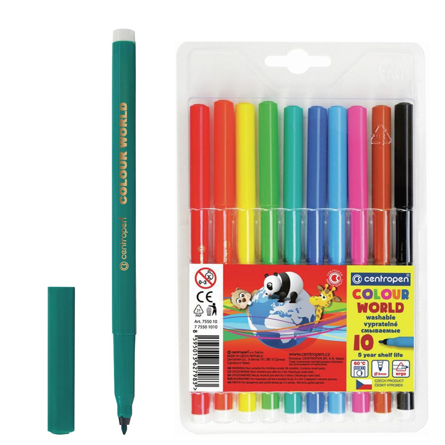 Фломастеры 10 ЦВЕТОВ CENTROPEN "Colour World", круглые, смываемые, 7550/10TP, 7 7550 1084