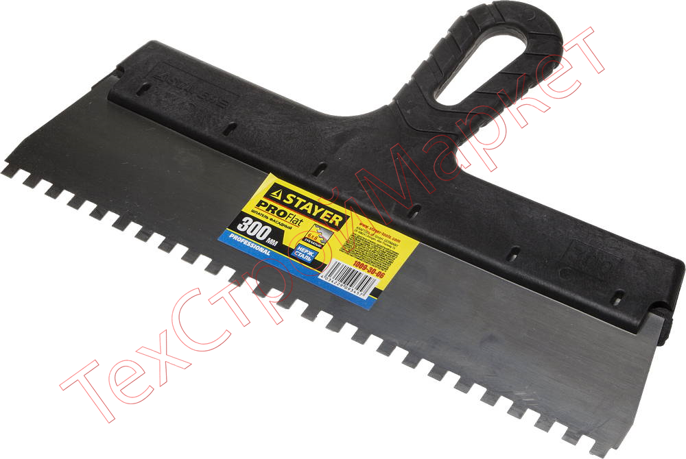 Шпатель STAYER "PROFESSIONAL" нержавеющий зубчатый с пластмассовой ручкой, 300мм, зуб 6х6мм