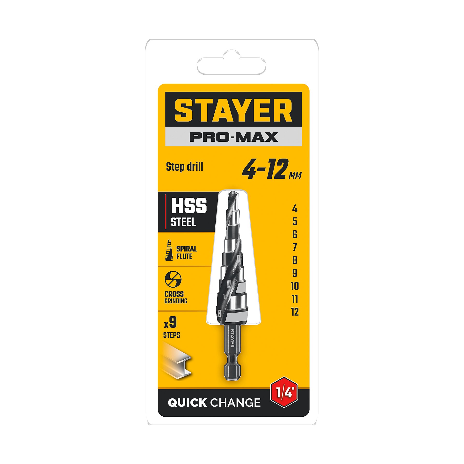 Сверло ступенчатое Pro-Max 4-12мм, 9 ступеней, винтовая спираль STAYER