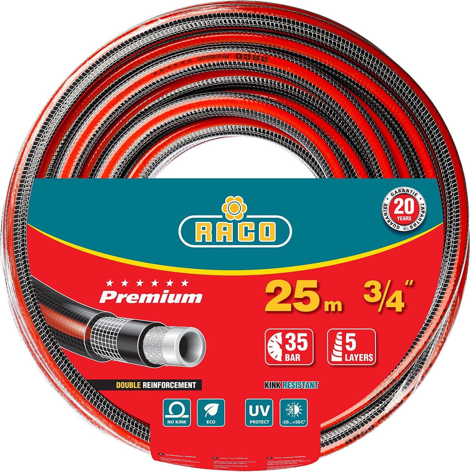 Шланг поливочный, армированный, 5-ти слойный, 35атм, 3/4"х25м  RACO PREMIUM 