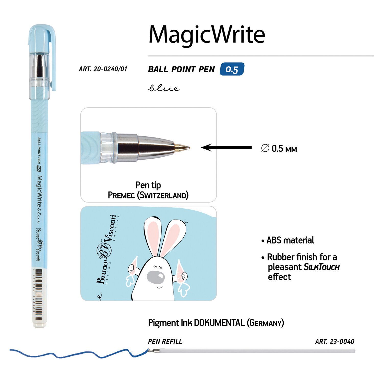 Ручка шариковая с грипом BRUNO VISCONTI MagicWrite, СИНЯЯ, Зайка, узел 0,5 мм, линия письма 0,3 мм, 20-0240/01
