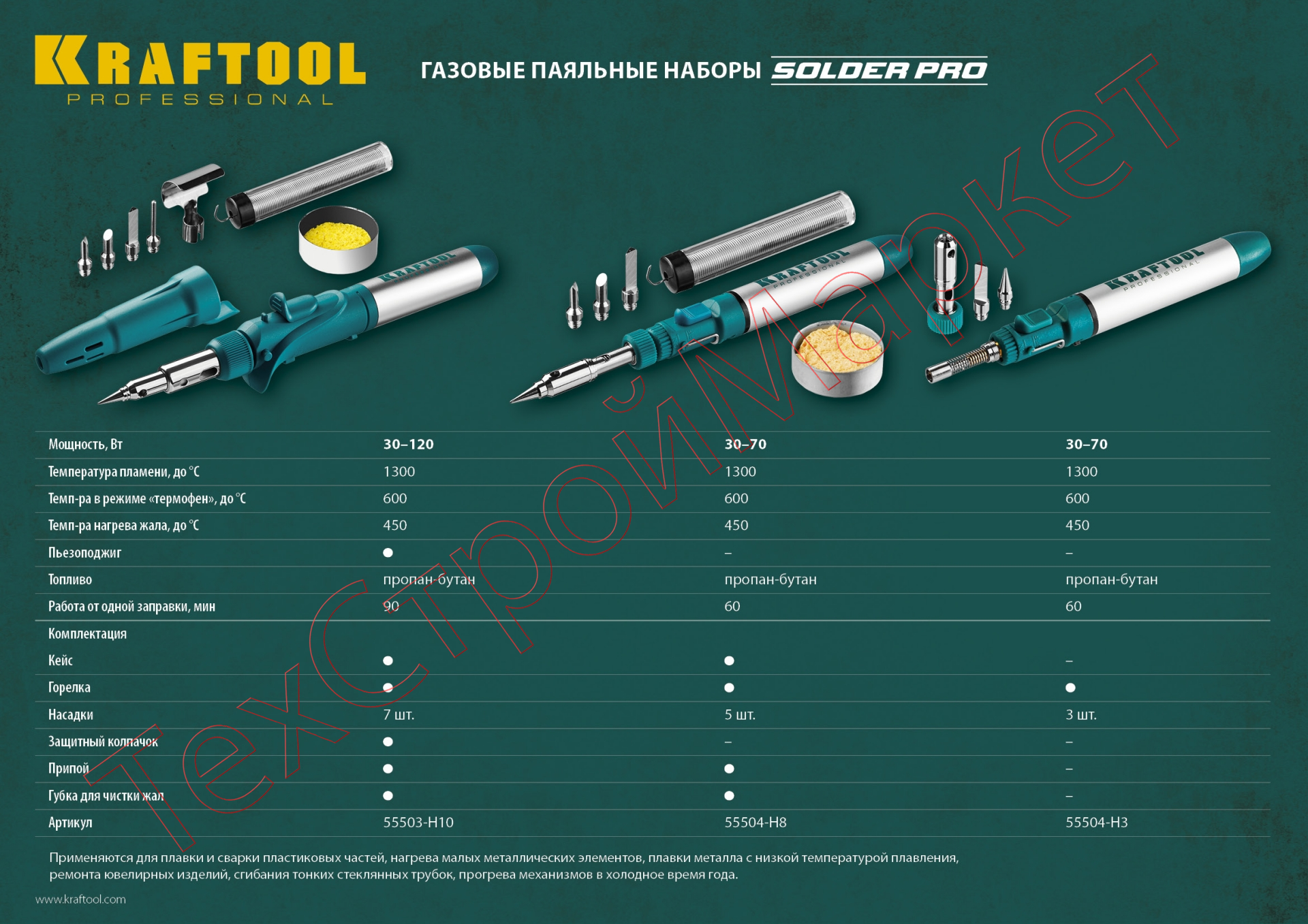 Паяльник газовый 3в1, регулировка пламени, 1300С, KRAFTOOL,55504-H3