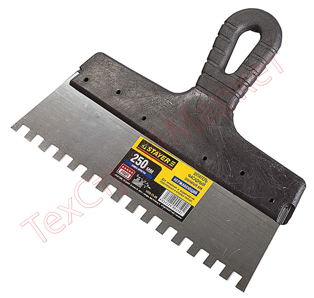 Шпатель STAYER нержавеющий зубчатый с пластмассовой ручкой, 250мм, зуб 6х6мм