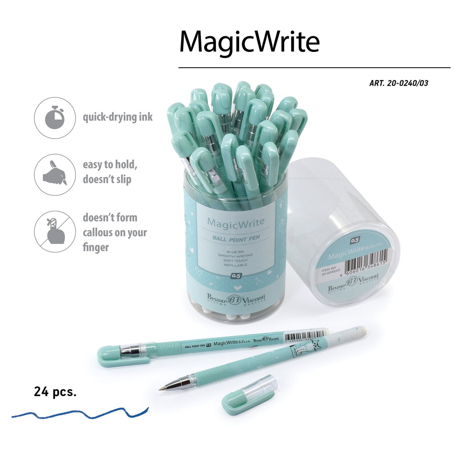Ручка шариковая с грипом BRUNO VISCONTI MagicWrite, СИНЯЯ, Пушистая кошка, узел 0,5 мм, линия письма 0,3 мм, 20-0240/03