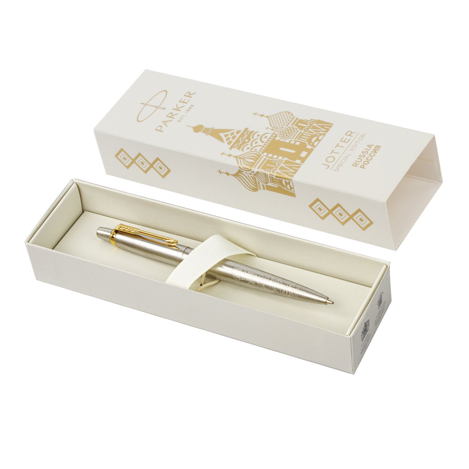 Ручка шариковая PARKER "Jotter SE Russia GT", корпус серебристый, сталь, позолоченные детали, синяя, 2126175