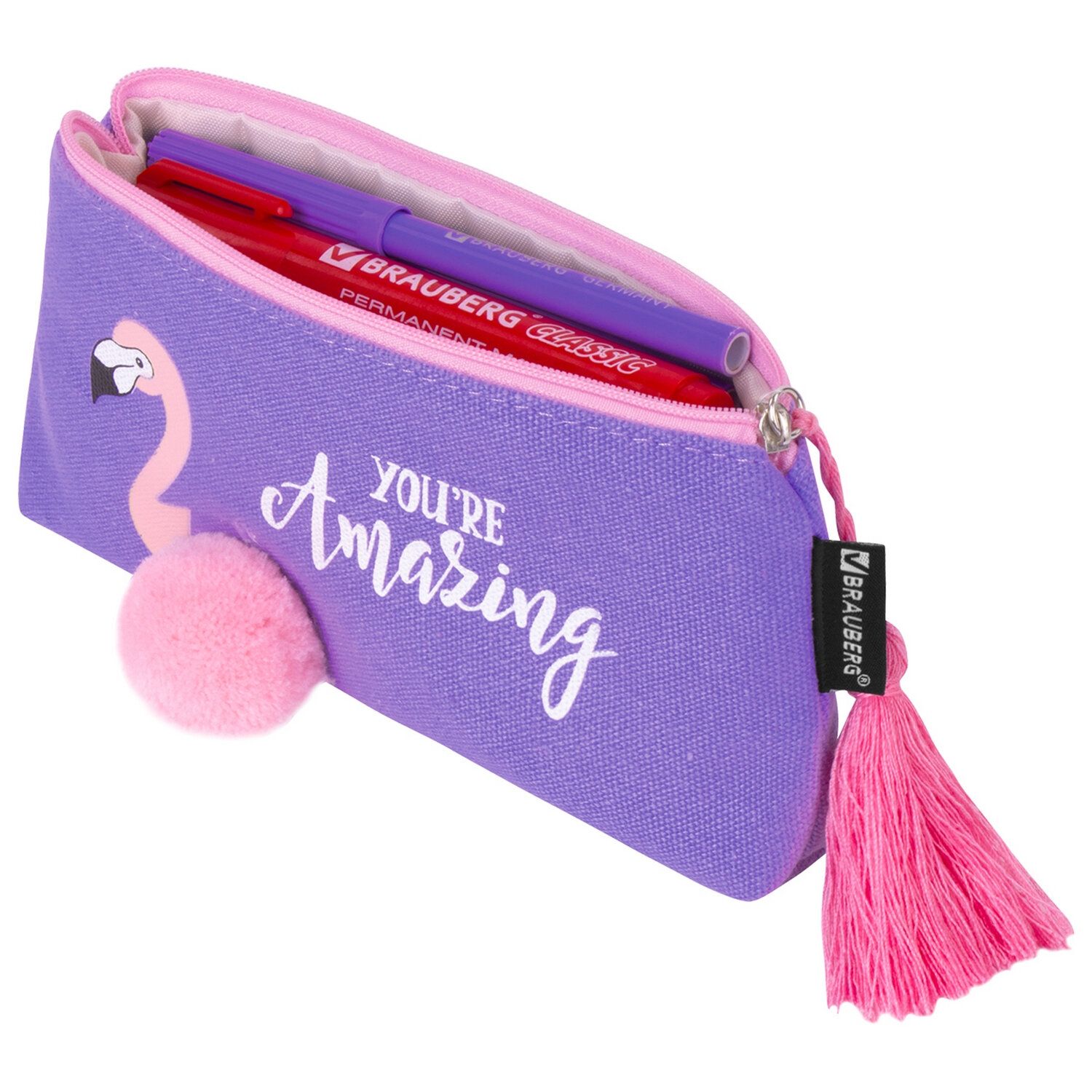 Пенал-косметичка BRAUBERG, канвас с объемной аппликацией, "Flamingo", 20х3х9 см, 229001