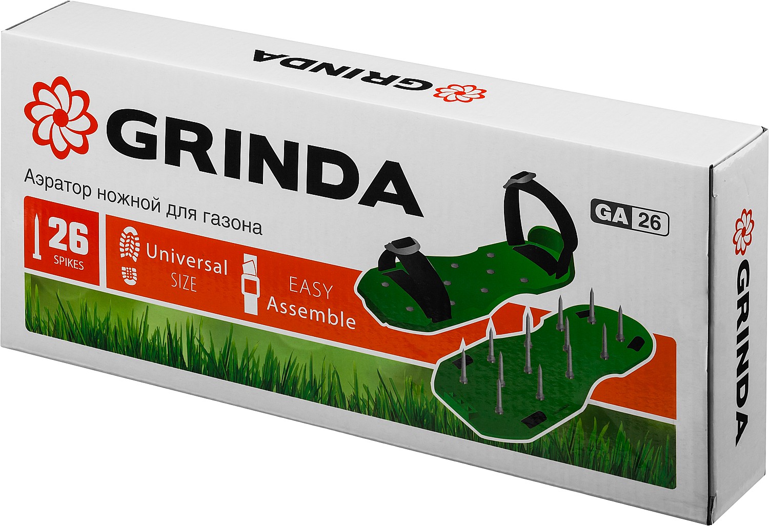 Аэратор ножной GRINDA GA-26 для газона со стальными шипами, 26 шипов длиной 50мм