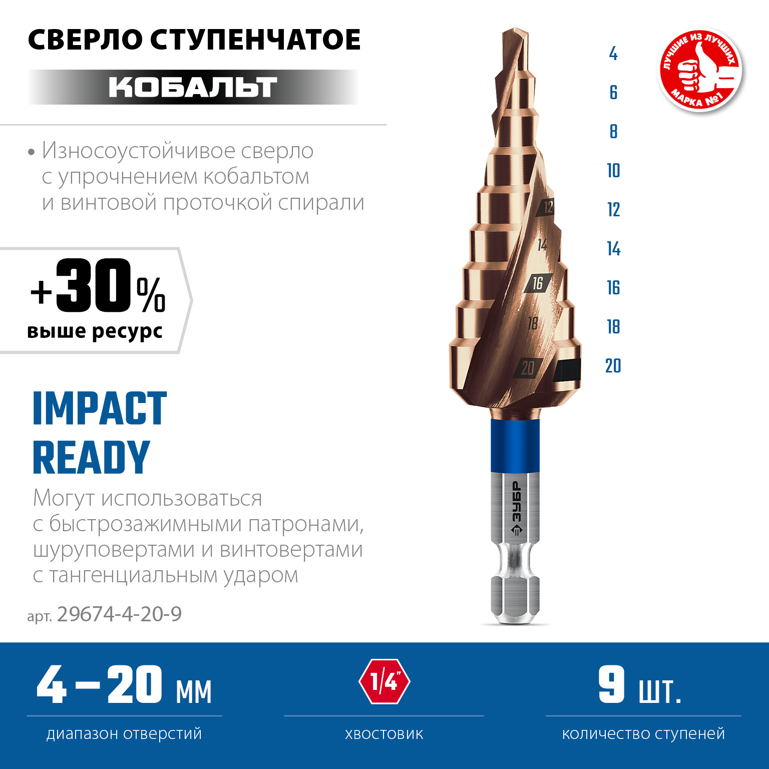 Сверло ступенчатое КОБАЛЬТ 4-20 мм, 9 ступеней, винтовая проточка, серия ЗУБР Профессионал