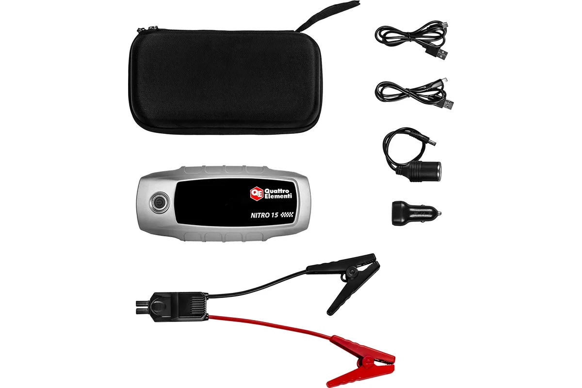 Устройство пусковое Nitro 15 (12В, 15000 мАч, 1200 А, Type-C, USB-A, дисплей, фонарь QUATTRO ELEMENTI
