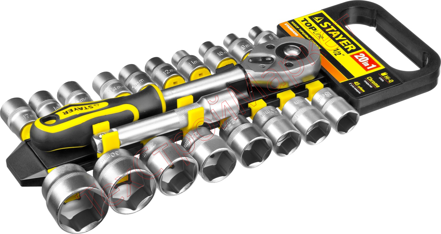 Набор STAYER "STANDARD": Торцовые головки (1/2") на пластиковом рельсе, трещотка, удлинитель, 8-32мм, 20 предметов