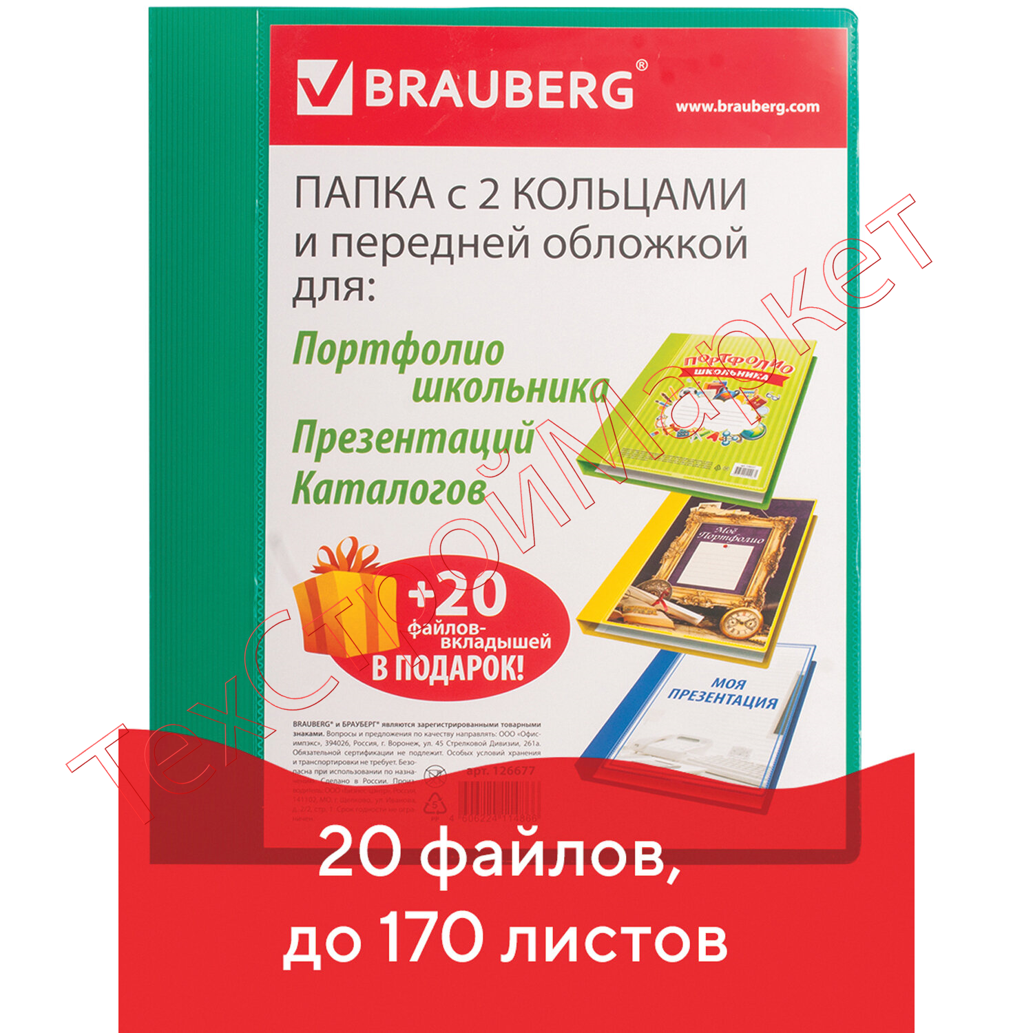 Папка для портфолио и презентаций, 2 кольца, 20 файлов, пластик, зеленая, BRAUBERG, 126677