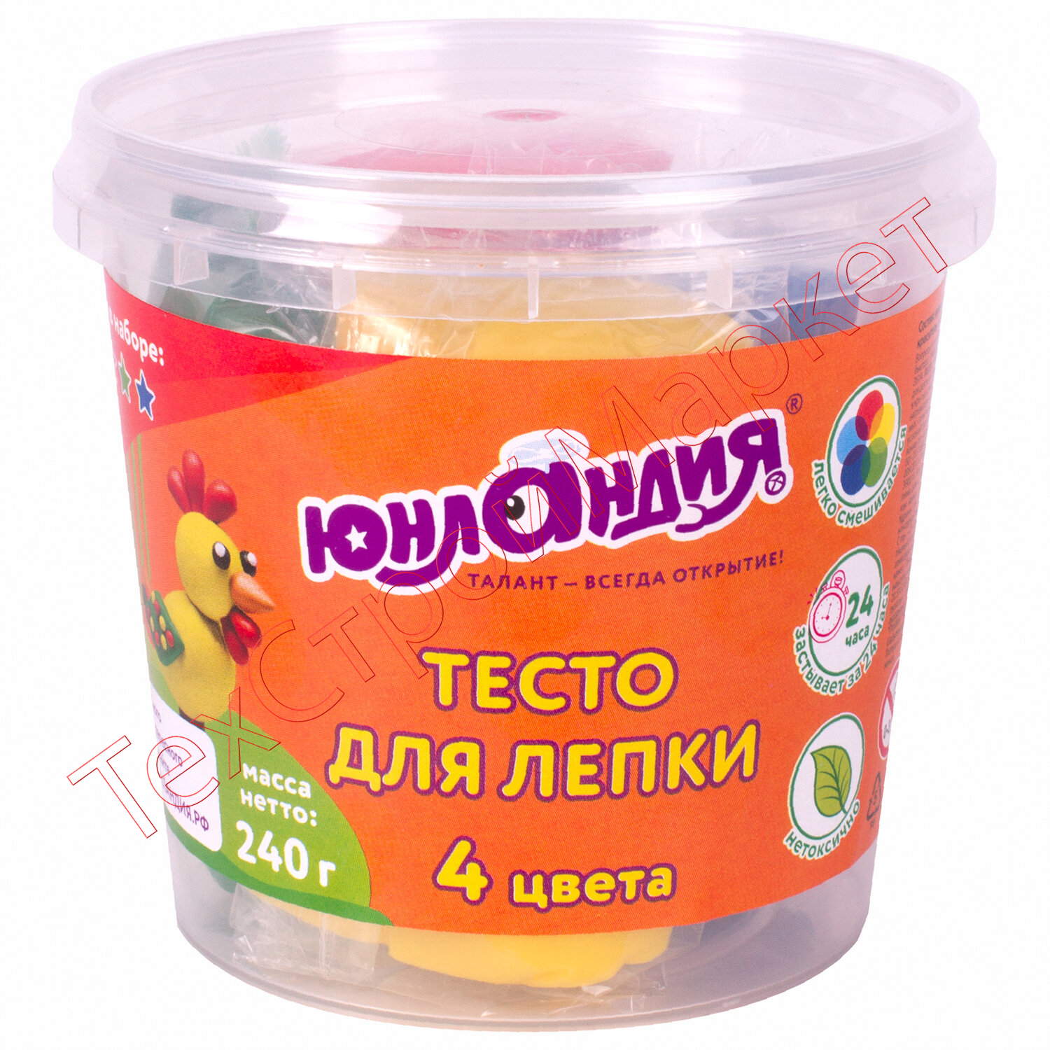Пластилин на растительной основе (тесто для лепки) ЮНЛАНДИЯ, 4 цвета, 240 г, пластиковый стакан, 105505
