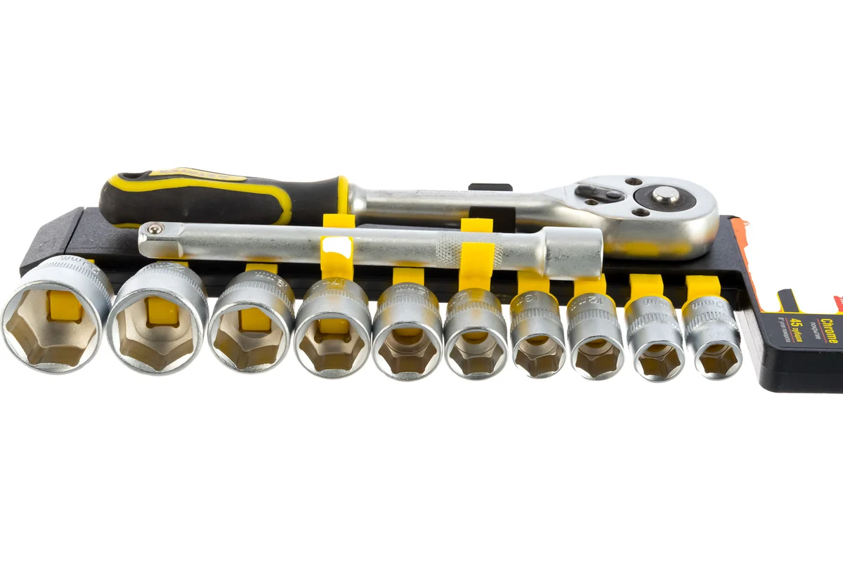 Набор:Торцовые головки (3/8") на пластиковом рельсе, трещотка, удлинитель, 10-24м STAYER "STANDARD"