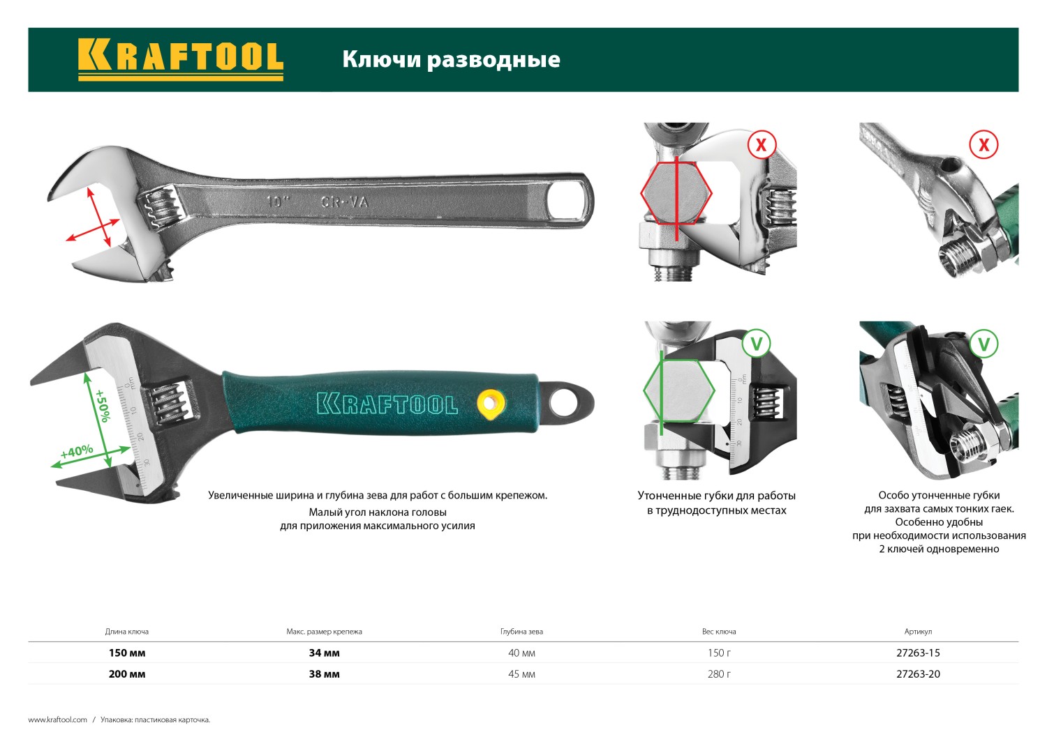 Ключ разводной SlimWide-S, 200 / 38 мм, KRAFTOOL