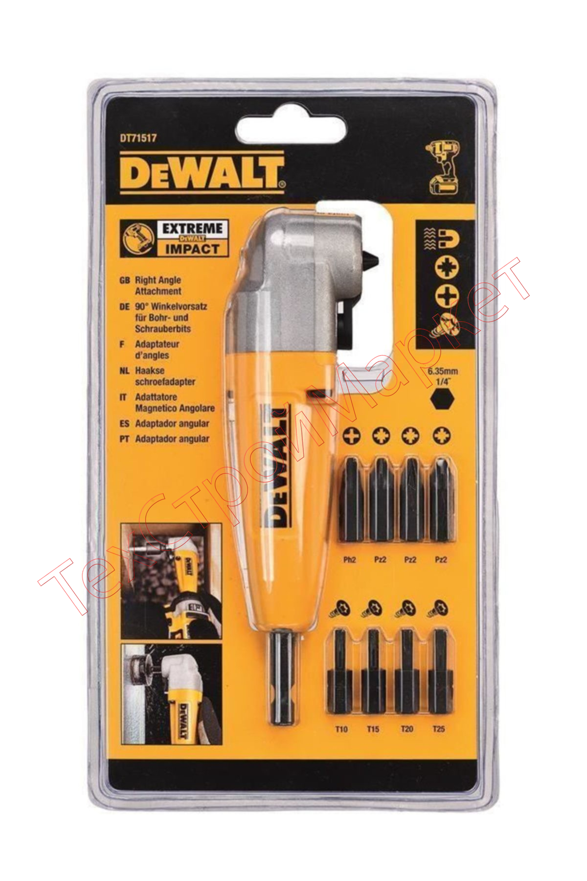 Угловая насадка ударная IMPACT + биты (9 шт.) Dewalt DT71517T
