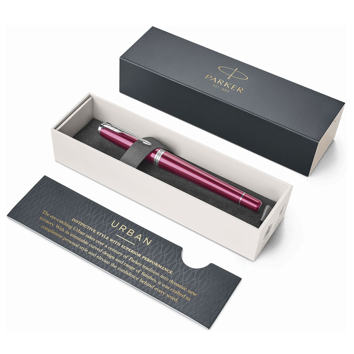 Ручка-роллер PARKER "Urban Core Vibrant Magenta CT", корпус пурпурный глянцевый лак, хромированные детали, черная, 1931590