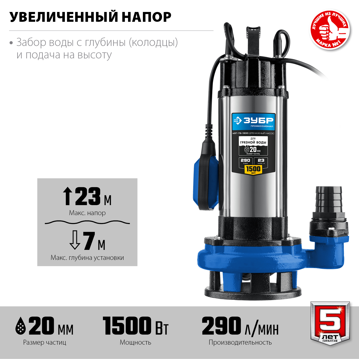 Насос дренажный ЗУБР Профессионал НПГ-Т5-1500 (1500Вт)