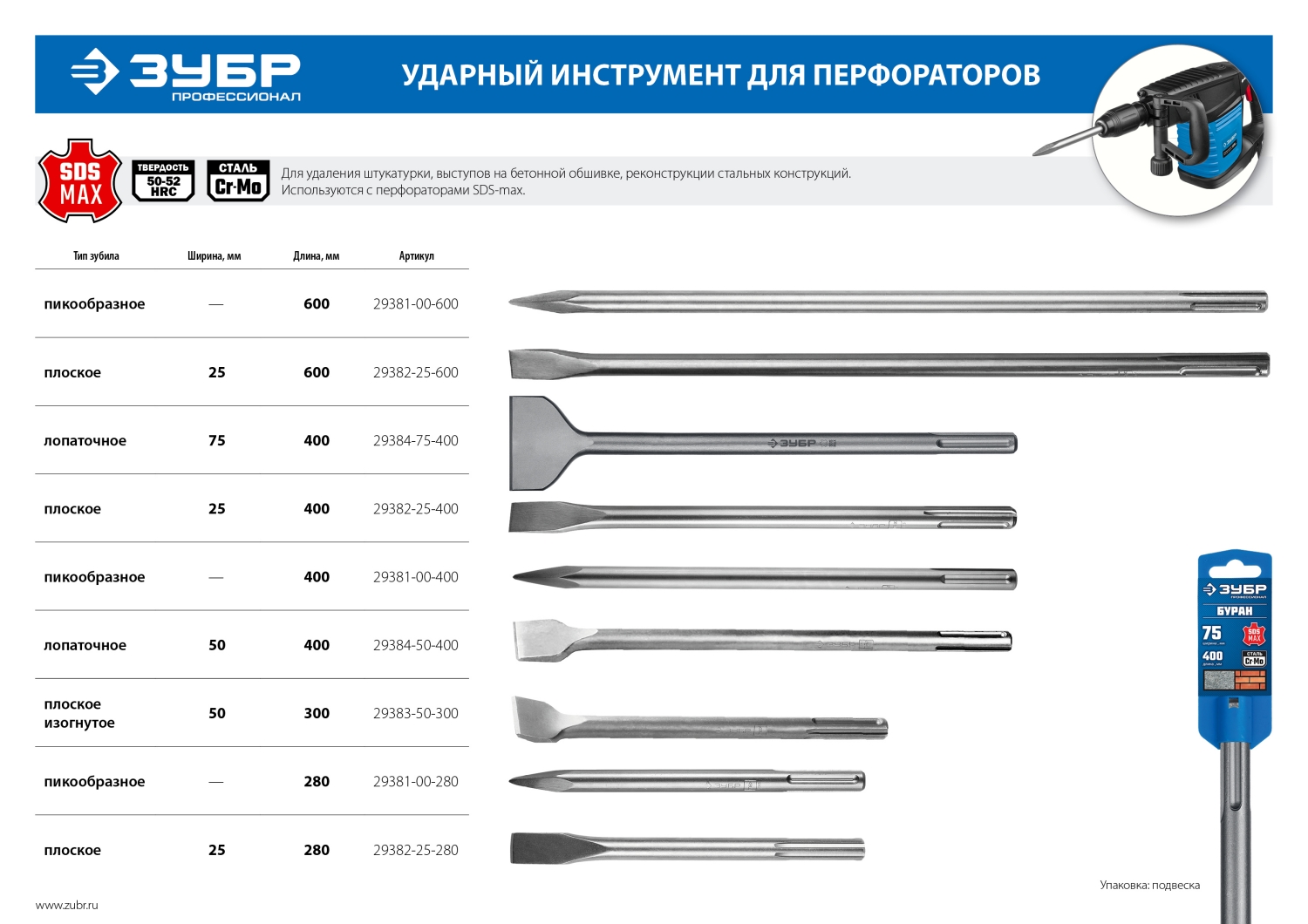 Зубило пикообразное 280 мм ЗУБР SDS-max 