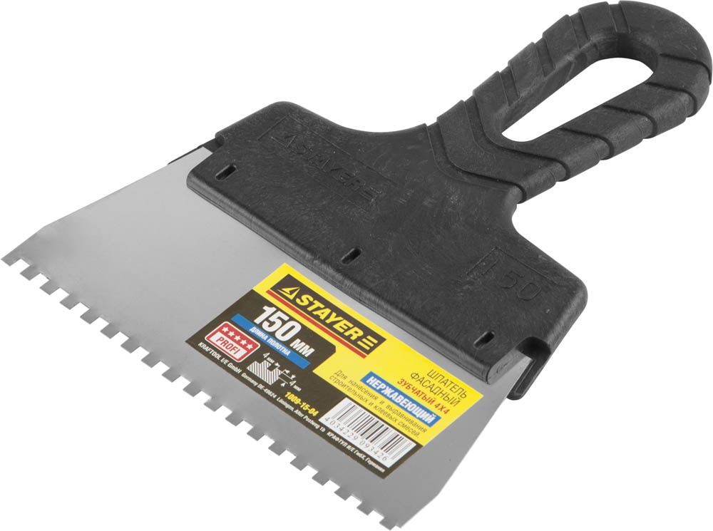 Шпатель STAYER "PROFESSIONAL" нержавеющий зубчатый с пластмассовой ручкой, 150мм, зуб 4х4мм