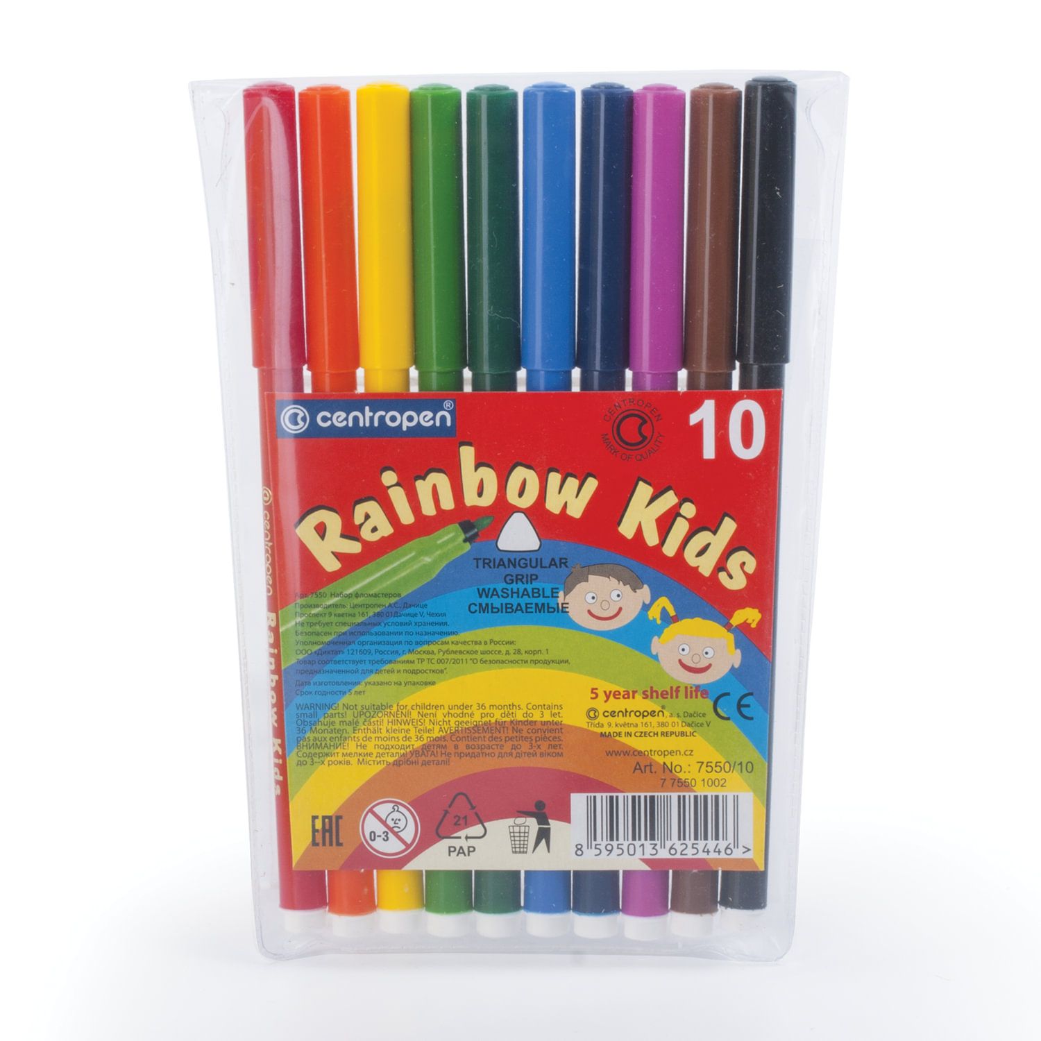Фломастеры 10 ЦВЕТОВ CENTROPEN "Rainbow Kids", круглые, смываемые, вентилируемый колпачок, 7550/10ET, 7 7550 1002