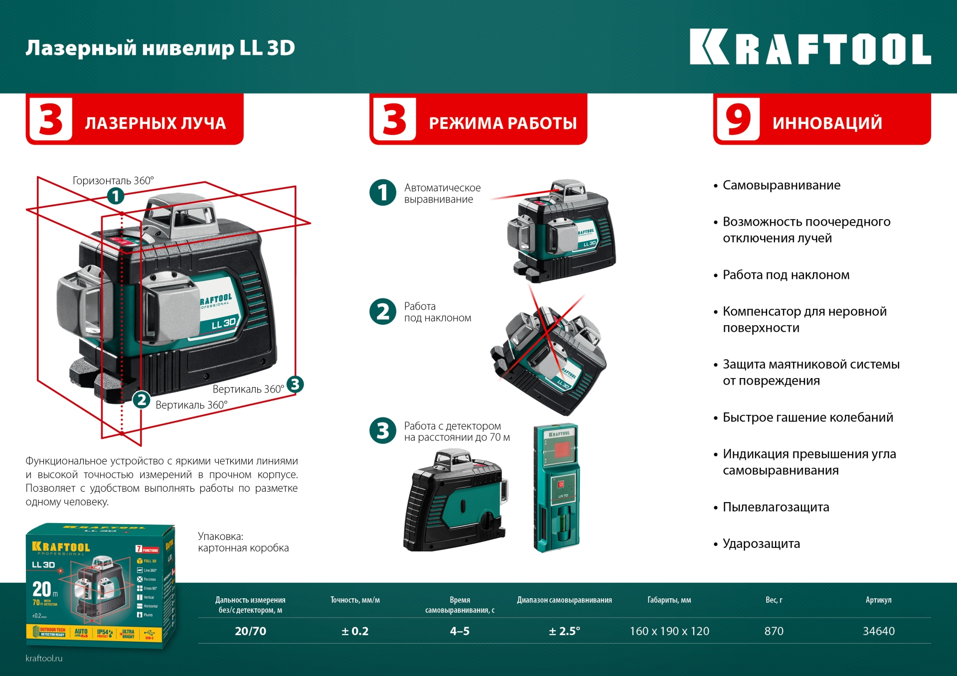 Нивелир лазерный 3D, в коробке KRAFTOOL LL