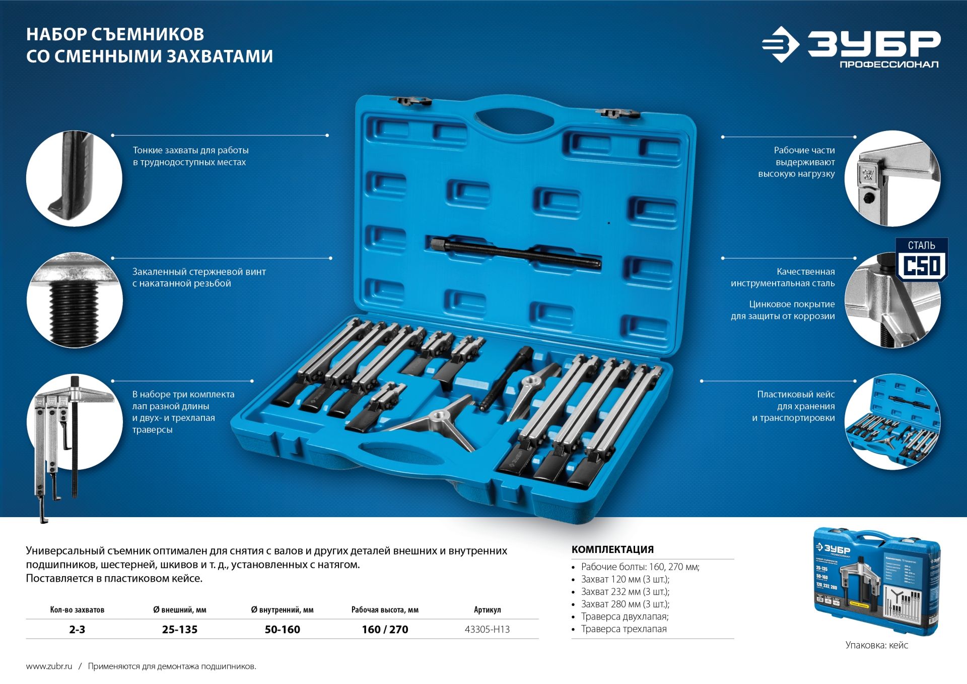 Набор съемников со сменными захватами в кейсе ЗУБР Профессионал 