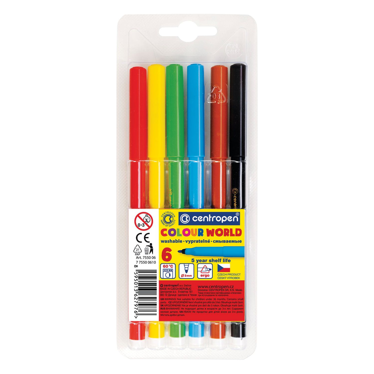 Фломастеры 6 ЦВЕТОВ CENTROPEN "Colour World", круглые, смываемые, вентилируемый колпачок, 7550/6TP, 7 7550 0684