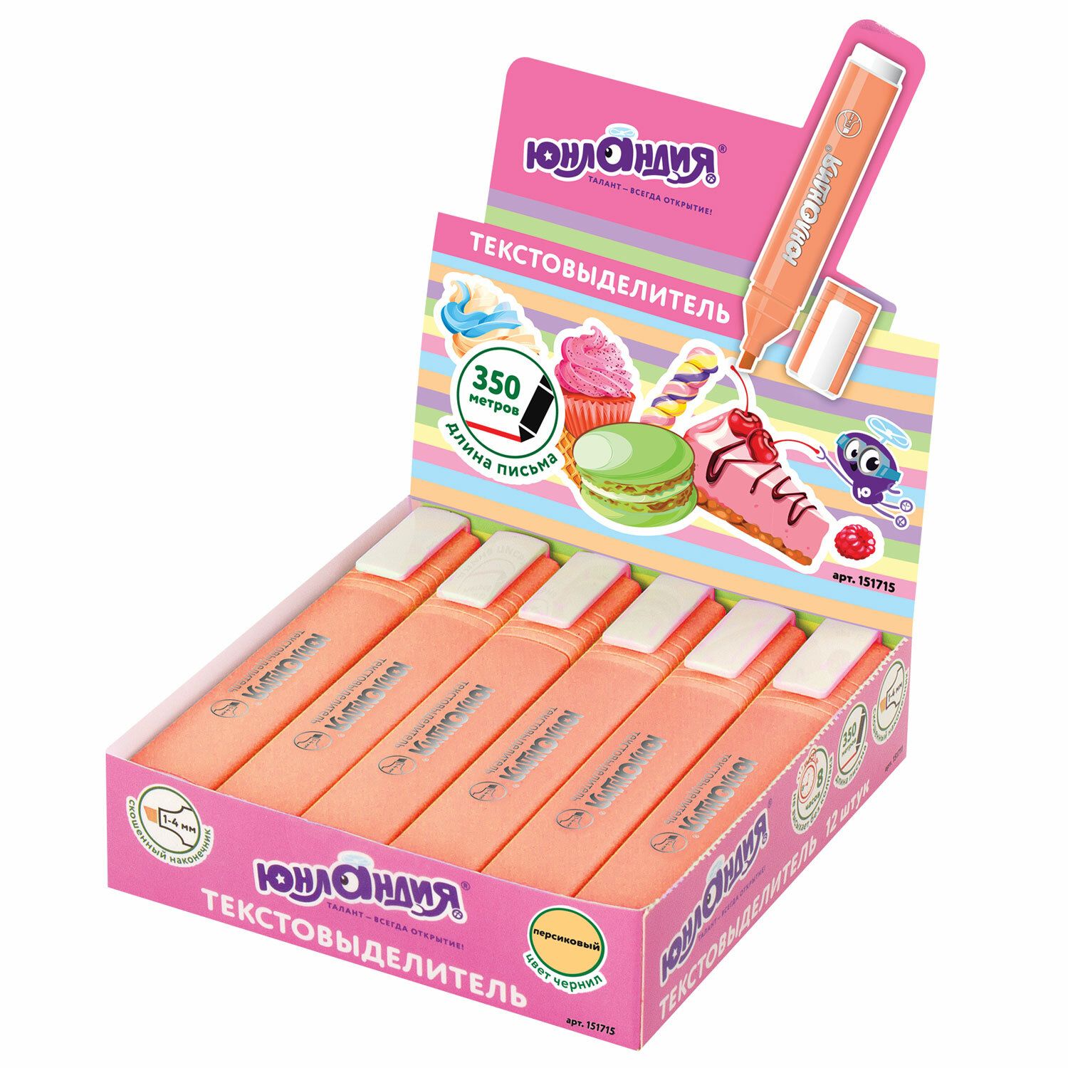 Текстовыделитель ЮНЛАНДИЯ "COLORSTAR PASTEL", ПЕРСИКОВЫЙ, линия 1-4 мм, 151715