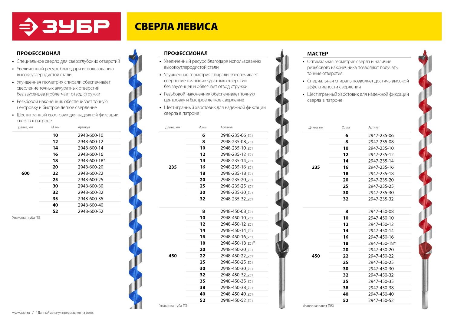 Сверло по дереву, спираль Левиса, HEX хвостовик, d=12х450мм, ЗУБР Эксперт