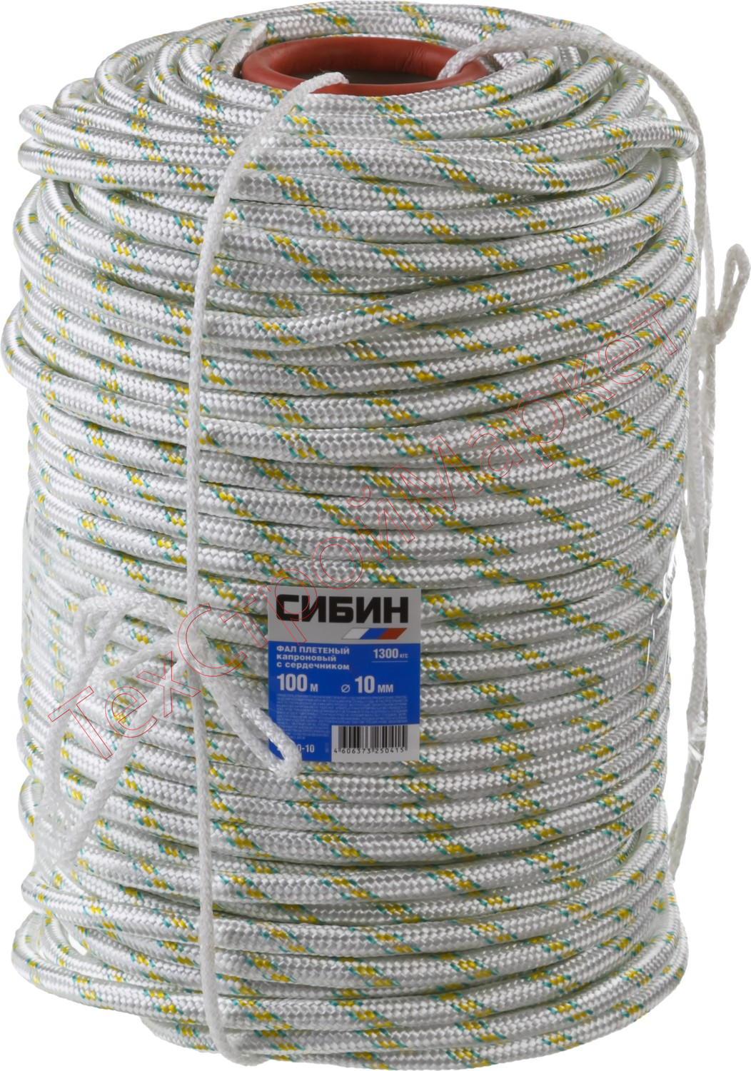 Фал плетёный капроновый СИБИН 24-прядный с капроновым сердечником, диаметр 10 мм, бухта 100 м, 1300 кгс