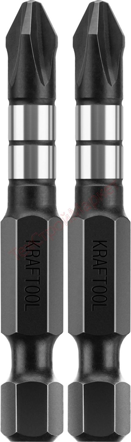 Биты KRAFTOOL Impact Pro, Philips, тип хвостовика E 1/4", PH2, 50мм, 2шт, на карточке