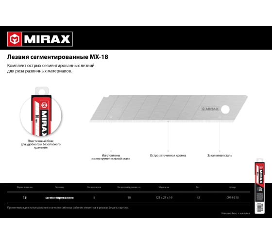 Лезвия сегментированные MIRAX MX-18, ширина 18 мм, 10 шт,