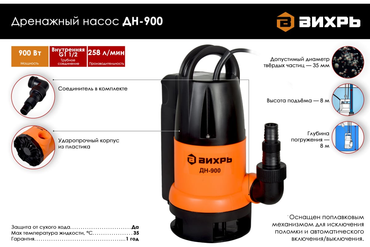 Насос дренажный ВИХРЬ ДН-900