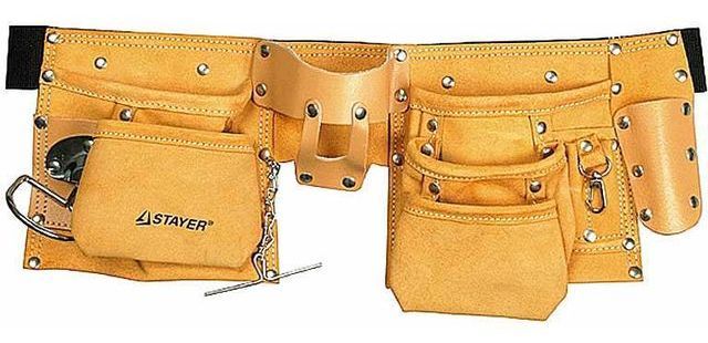 Пояс STAYER "MASTER" для инструментов, кожаный, 10 карманов, 3 подвески