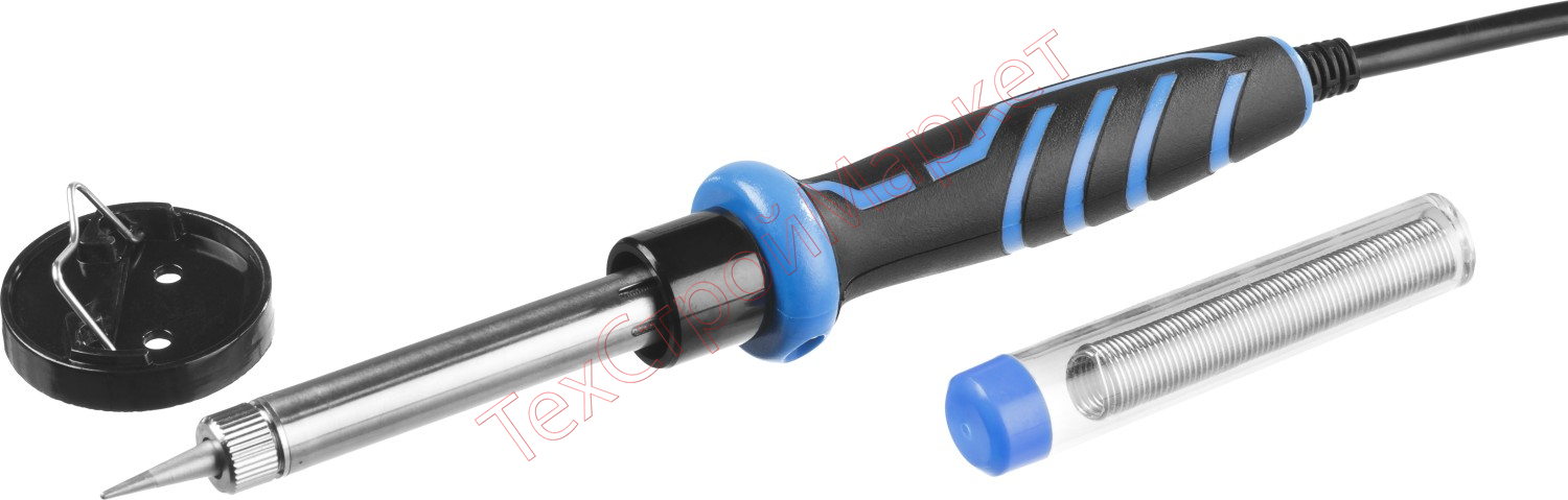 Паяльник c двухкомпонентной рукояткой в наборе с припоем и подставкой,  60Вт, конус,ЗУБР Профессионал 55402-60,