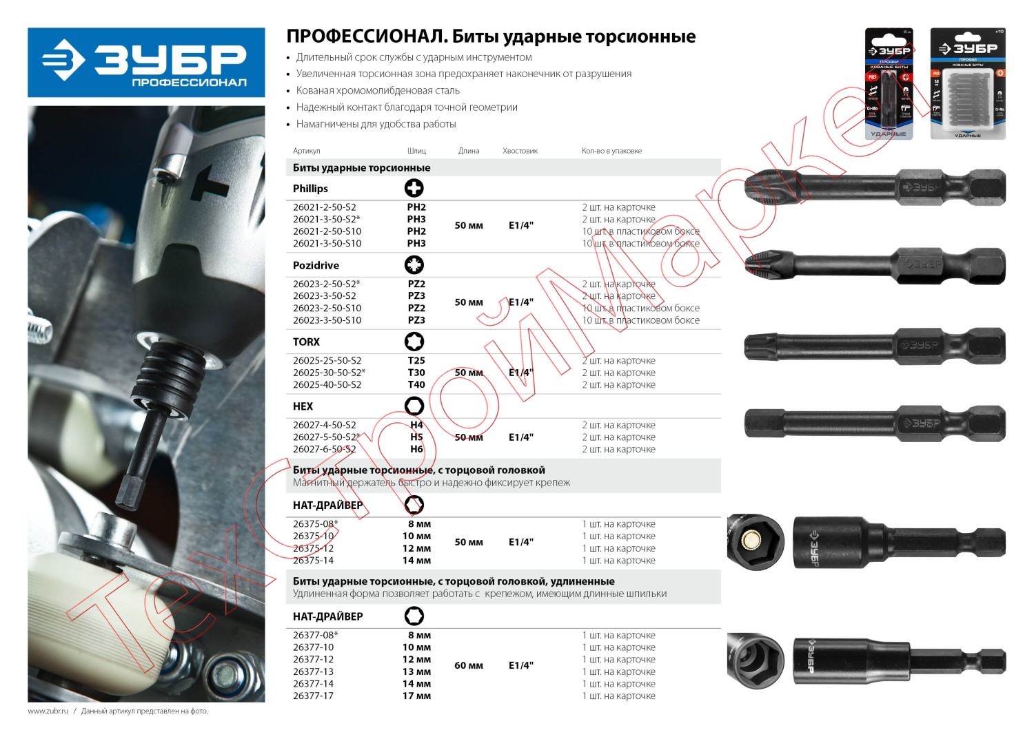 Биты ЗУБР "ПРОФИ" TORX, тип хвостовика E 1/4", T30, 50мм, 2шт, на карточке