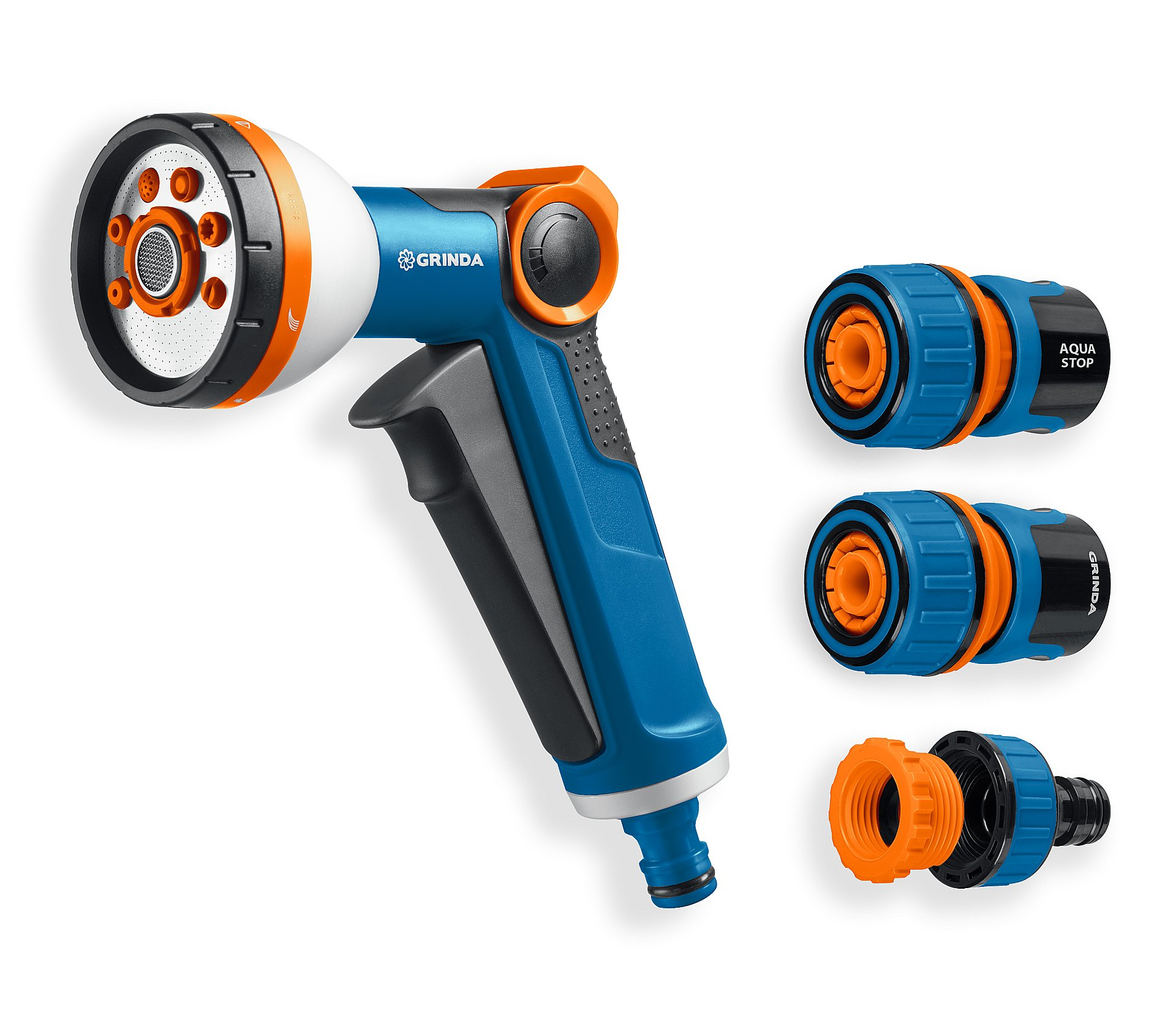 Набор поливочный, GRINDA Х-834 PROLine пистолет поливочный Х-8, коннектор 3/4, конектор 3/4 с автостопом, адаптер с внутр. резьбой 1/2х3/4
