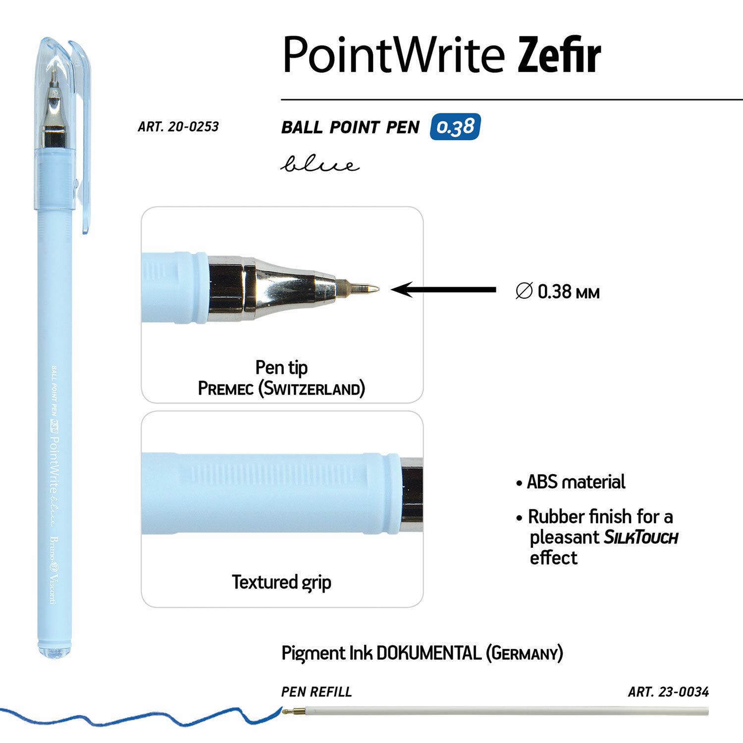 Ручка шариковая BRUNO VISCONTI PointWrite, СИНЯЯ, Zefir, корпус ассорти, узел 0,38 мм, линия письма 0,3 мм, 20-0253