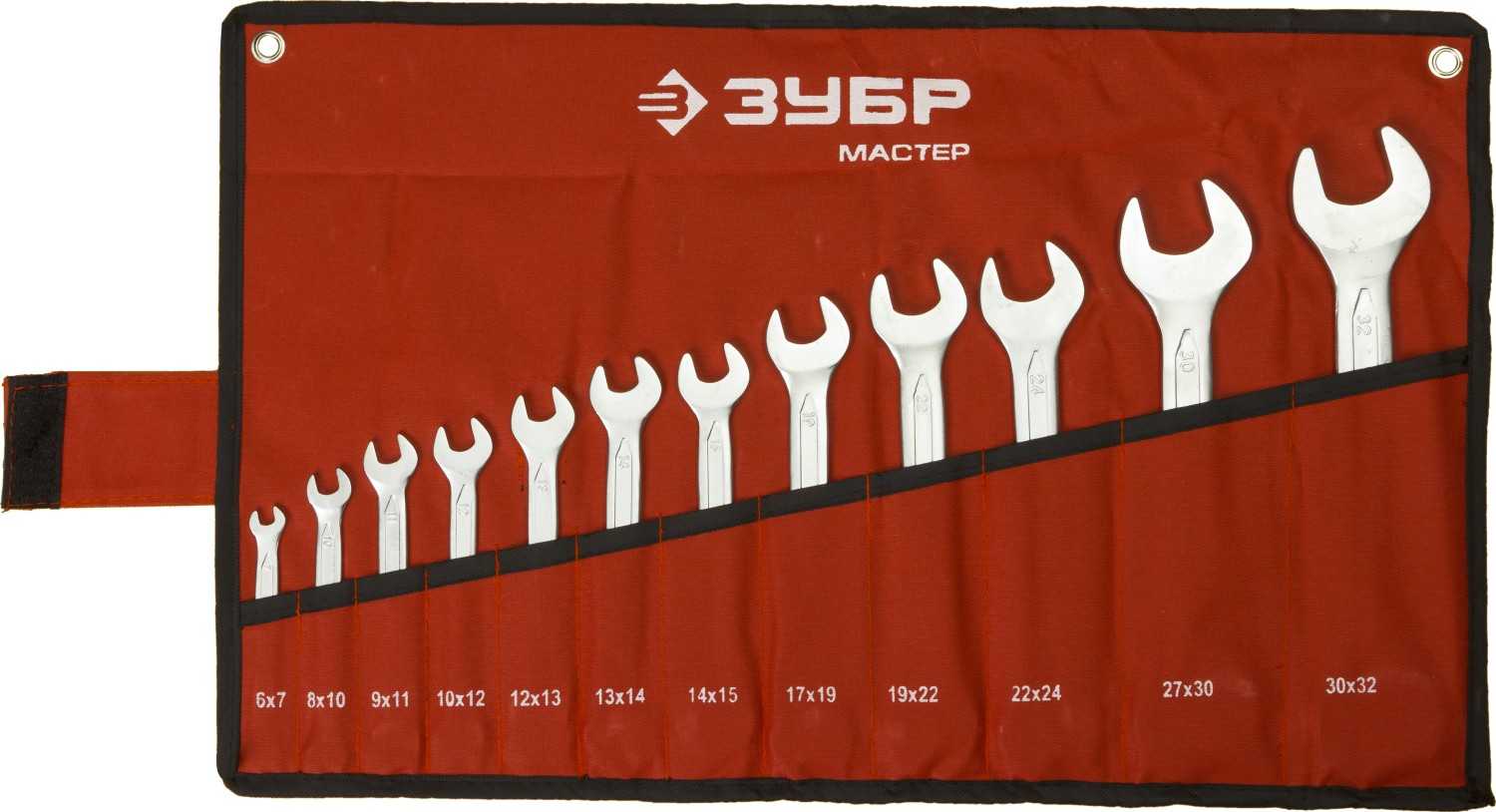 Набор ЗУБР "МАСТЕР": Ключ гаечный рожковый, Cr-V сталь, хромированный, 6-32мм, 12шт	