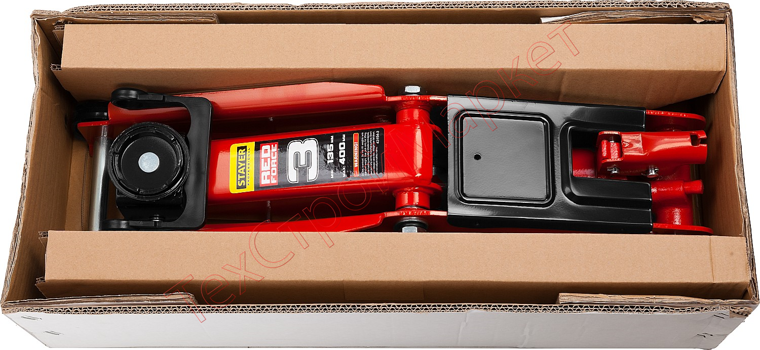 Домкрат гидравлический подкатной "RED FORCE", 3т, 135-400мм, STAYER 43154-3
