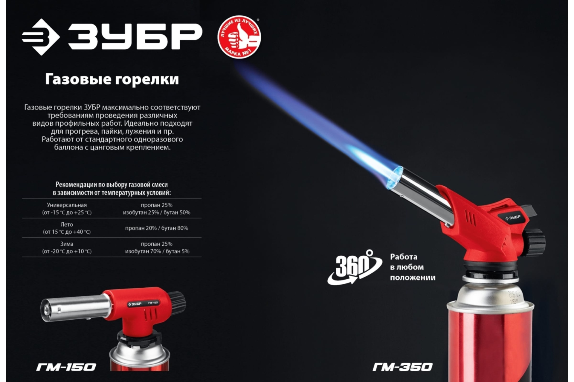 Газовая горелка ЗУБР ГМ-350 с пьезоподжигом, на баллон с цанговым соединением, 1300°С