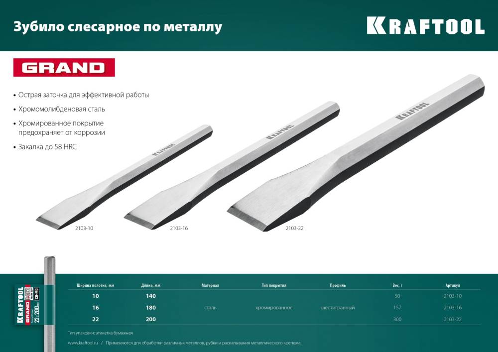 Зубило слесарное по металлу, Grand 10х140 мм KRAFTOOL