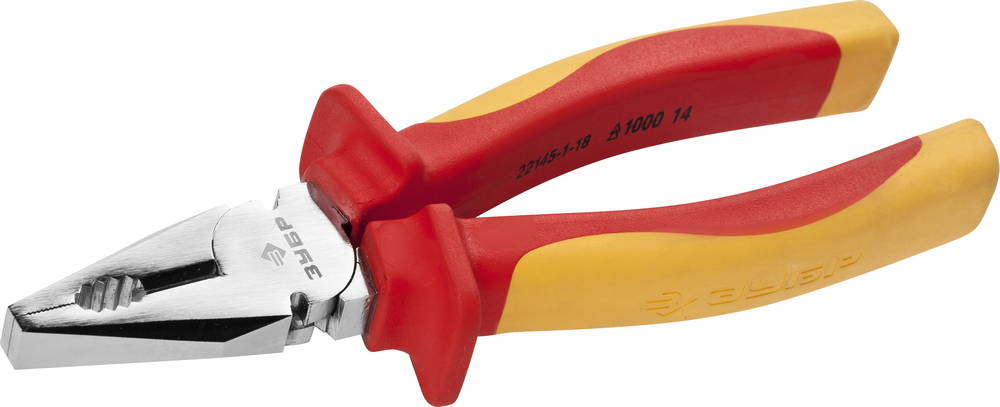 Плоскогубцы "ПРОФИЭЛЕКТРИК" 22145-1-18 , диэлектрические комбинированные, двухкомп маслобензостойкая рукоятка, до ~1000В, 180мм, ЗУБР Профессионал