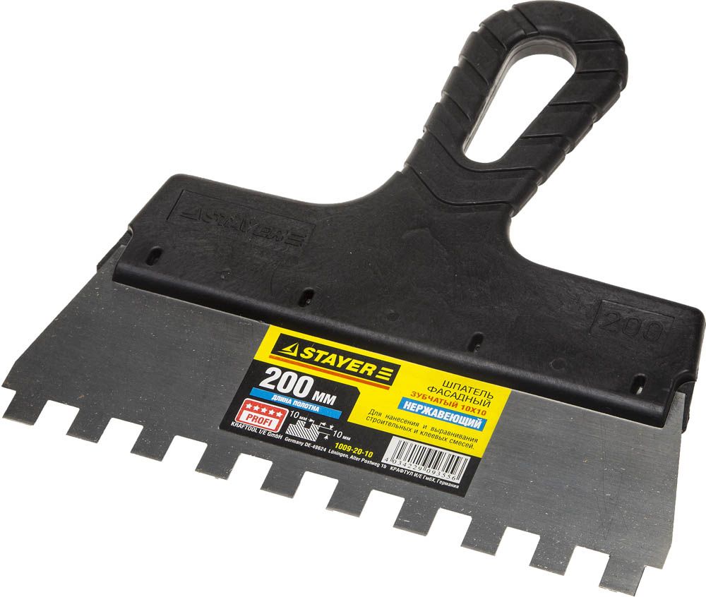 Шпатель STAYER "PROFESSIONAL" нержавеющий зубчатый с пластмассовой ручкой, 200мм, зуб 10х10мм