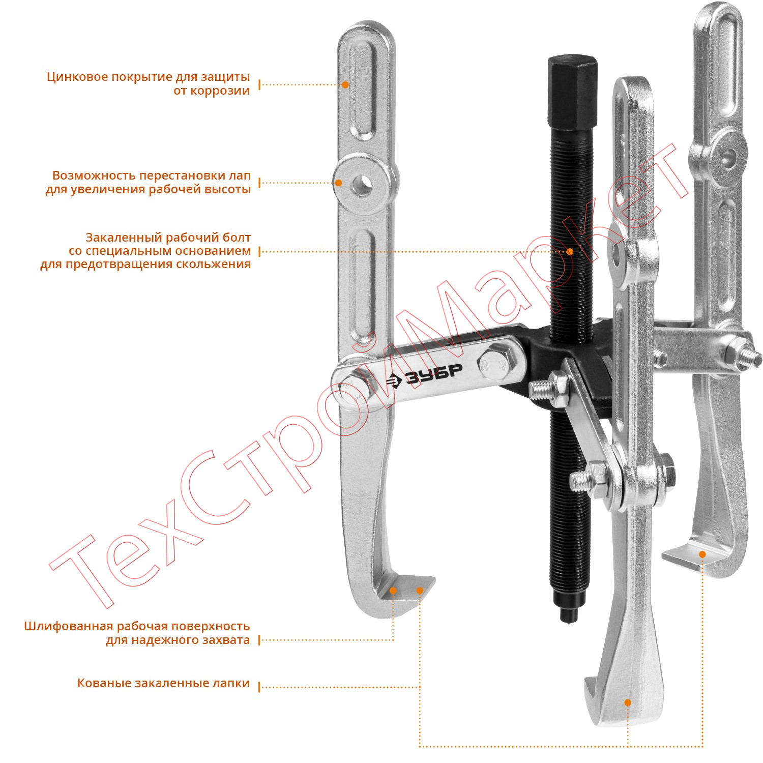 Съемник шарнирный 3-захватный с удлиненными захватами, 240 мм, ЗУБР Профессионал 43319-240