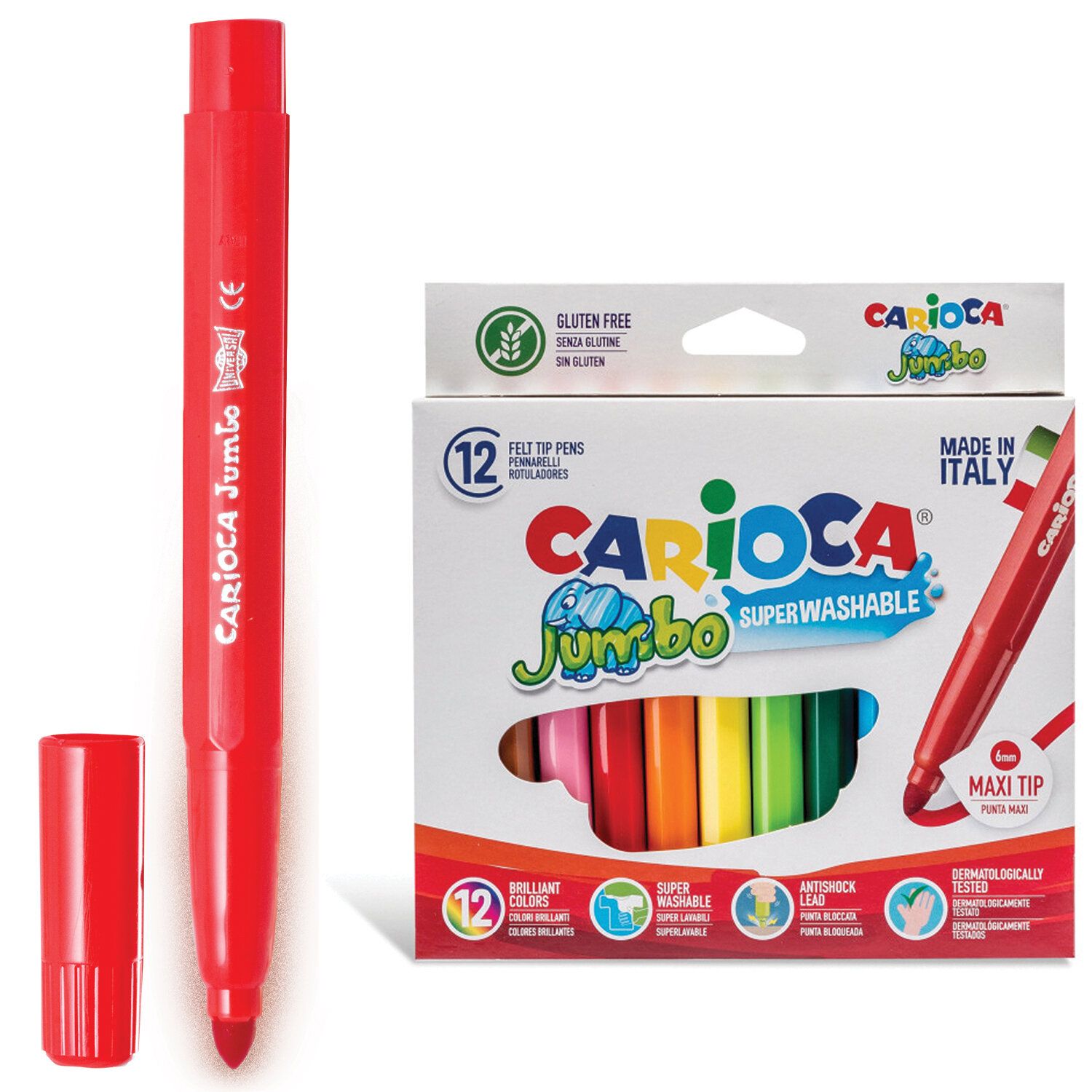 Фломастеры утолщенные CARIOCA "Jumbo", 12 цветов, суперсмываемые, вентилируемый колпачок, картонная упаковка, 40569