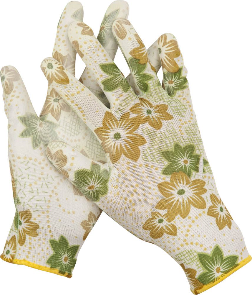 Перчатки садовые, прозрачное PU покрытие, 13 класс вязки, бело-зеленые, размер S GRINDA 